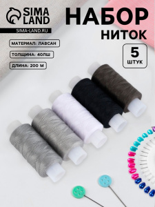 Нитки 40ЛШ, 200 м, набор 5 шт., чёрный, серый 1041110