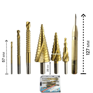 Набор сверл HSS, 7 предметов, ступенчатые+сверла фреза+кернер, "MAXIMUM" 977022