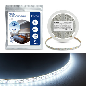 Лента светодиодная LS612 9.6W/m 120SMD 5m12V 6500К, белое основание, 5м/2835/LD182 27729